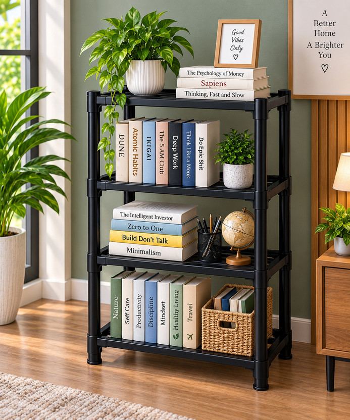 jagahFlex jagahFlex 4 LAYER MULTIPURPOSE RACK Plastic Open Book Shelf(Finish Color - B4 BLACK, DIY(Do-It-Yourself)) - Flipkart Deal