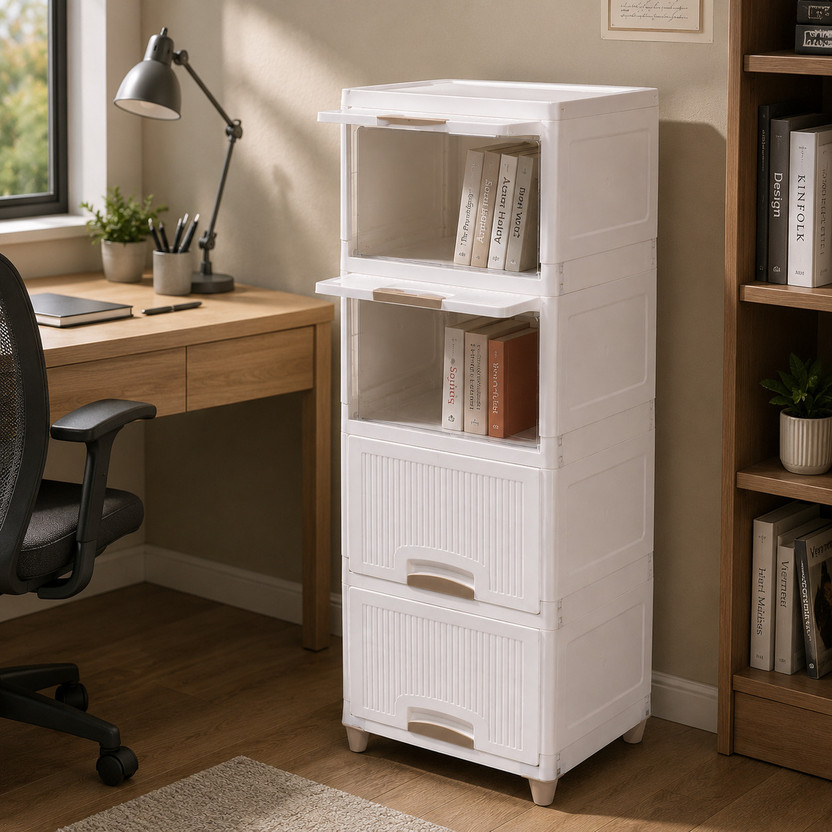 AK10ZONE 4 LAYER Foldable Plastic Book Shelf Storage Cabinet Plastic Semi-Open Book Shelf(Finish Color - MULTI-COLOUR/WHITE, DIY(Do-It-Yourself))