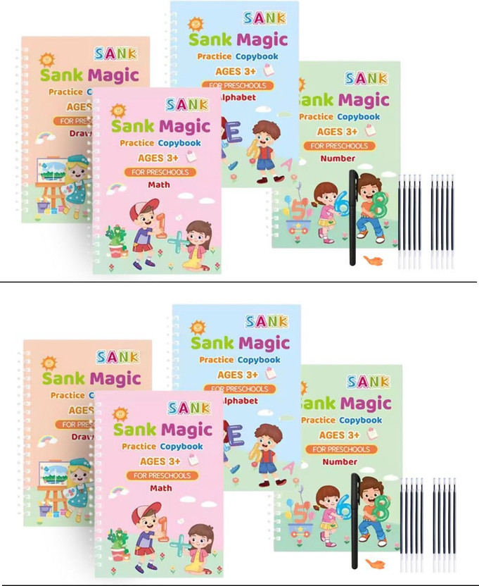 (PACK OF 2) Sank Magic Practice Copybook Set (4 Books + 10 Refills + 1 Pen + 1 Grip) for Ages 3+ | Preschool Alphabet, Words, Numbers, Math, Drawing | Reusable Magic Calligraphy Writing Tool  - (Pack of 2) Magic Calligraphy Books For Kids (Book + 5 Refills + Pen + grip) Self Deleting Reusable Number