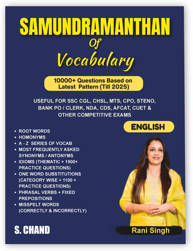 Samundramanthan of Vocabulary (Vocab) Book 2025 - 2026 for All Competitive Exams SSC CGL CHSL MTS CPO STENO, Banking Exam, Bank PO/ Clerk, NDA, CDS, AFCAT, CUET, CLAT, CAT, MBA, UPSC | 10000+ Questions | Samundra Manthan By Rani Singh Mam | English Grammar | Root Words, Idioms and Phrases, One Word 