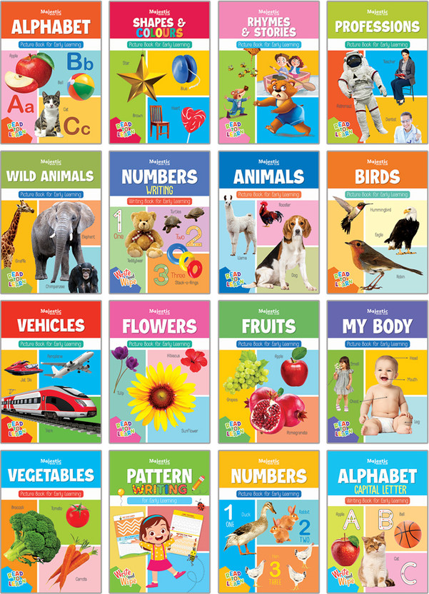 Picture Picture Book Collections for Early Learning (Set of 16 books ) - abc book , flowers , fruits , vegetable , profession , animal , vehicle , wild animal , numbers , birds , rhymes & story , my body , shapes & colours , number writing book , pattern writing book and alphabet writing book  - Preschool, - Flipkart Deal