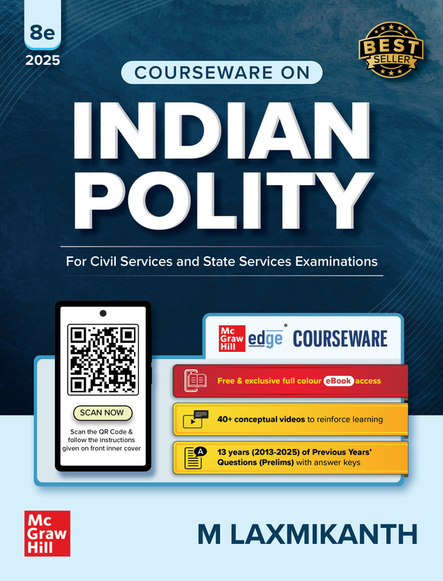Indian Polity book (English), 8e by M Laxmikanth for UPSC 2026-27 | 40+ Conceptual Videos | Colour eBook | Solved 13 Years Prelims PYQs (2013-25) | 12 Years Main Exam Questions | Practice Questions(English, Paperback, Laxmikanth M)
