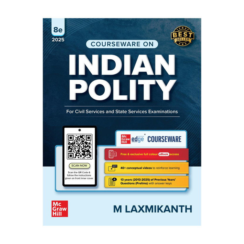 Indian Polity book (English), 8e by M Laxmikanth for UPSC 2026-27 | 40+ Conceptual Videos | Colour eBook | Solved 13 Years Prelims PYQs (2013-25) | 12 Years Main Exam Questions | Practice Questions(English, Paperback, Laxmikanth M)