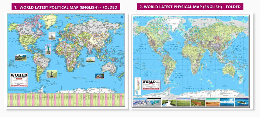 Non - Laminated Folded - World Latest Political & World Latest Physical Maps- Pack of 2 | 18 x 23 Inch English World Map Wall Poster | Educational Geography Chart School, Classroom & Home Learning | UPSC, IAS, SSC, RRB, PCS, State PSC & Competitive Exam Preparation(Wall Chart, PixelPage Experts)
