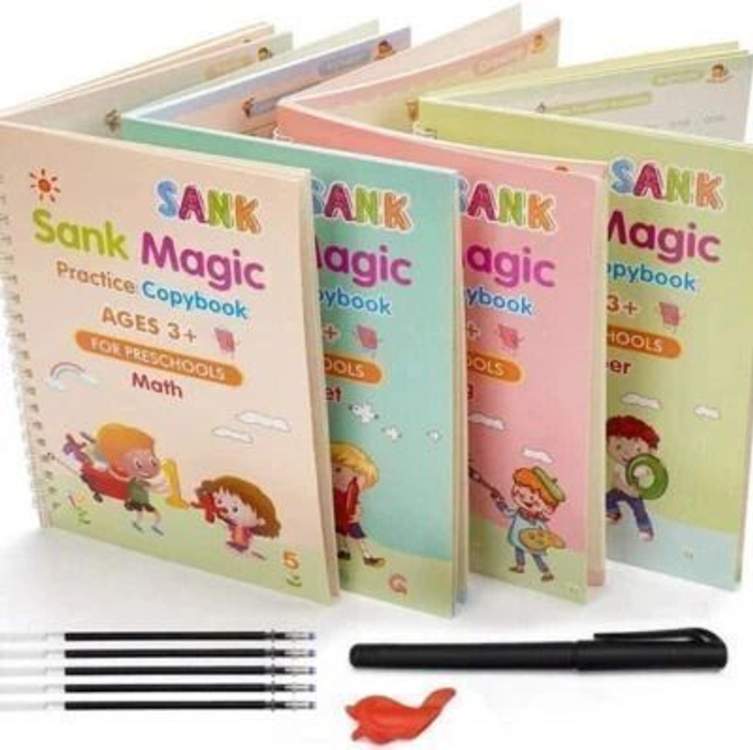 Sank Magic Practice Copybook (4 BOOKS,2 PEN,2 GRIP,10 REFILL), Number Tracing Book For Preschoolers With Pen, Magic Calligraphy Copybook Set Practical Reusable Writing  - SANK MAGIC BOOK, REUSABLE BOOK, CURSIVE WRITING, CALLGRAPHY, 4BOOKS+1 PEN+ 10 REFILLS+ 1GRIPER with 4 Disc(Paperback, generic)