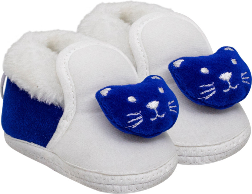 Neska Moda 6 To 12 Months Baby Boys & Girls Cat Face Velvet Baby Booties(Toe to Heel Length - 13 cm, Blue, White)