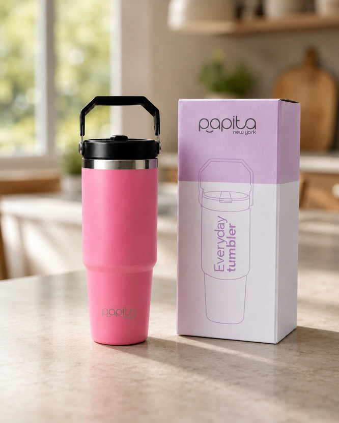 papita Stainless Steel Tumbler Hot and Cold with Straw, Double Insulated Cup 900 ml Steel Bottle(Pack of 1, Pink)