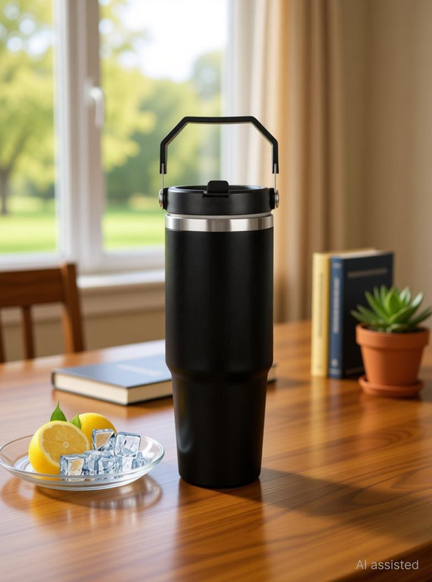 papita Stainless Steel Tumbler Hot and Cold with Straw, Double Insulated Cup 900 ml Steel Bottle(Pack of 1, Black)