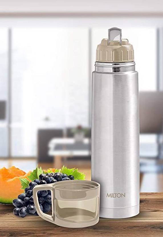 MILTON Glassy 1000 Thermosteel Water Bottle with Drinking Cup Lid, 1