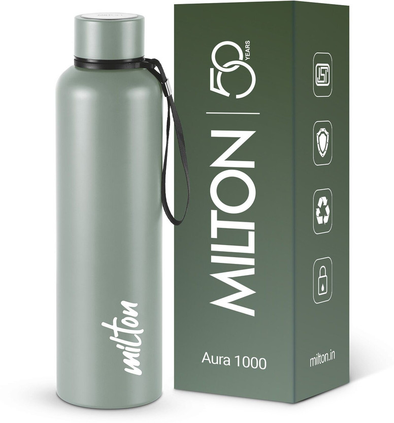MILTON Aura 1000 Thermosteel Water Bottle, ISI Certified, 24 Hr Hot and Cold 1000 ml Steel Flask(Pack of 1, Grey)