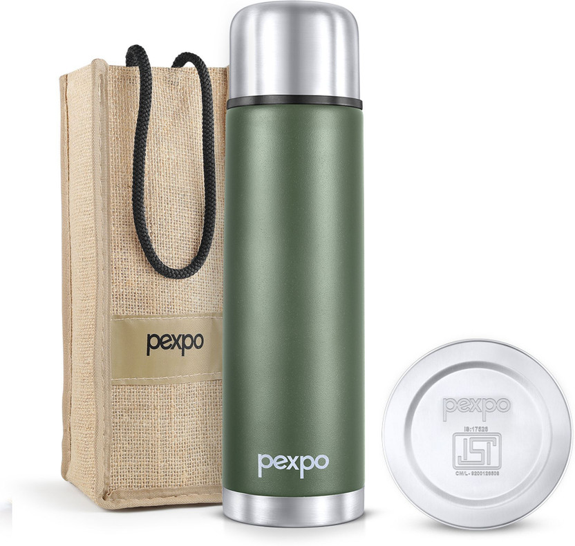 Go24 Stainless Steel Water Bottle 1 ltr ISI Certified Hot&Cold with Jute Bag Flamingo 1000 ml Steel Flask(Pack of 1, Green, Beige)