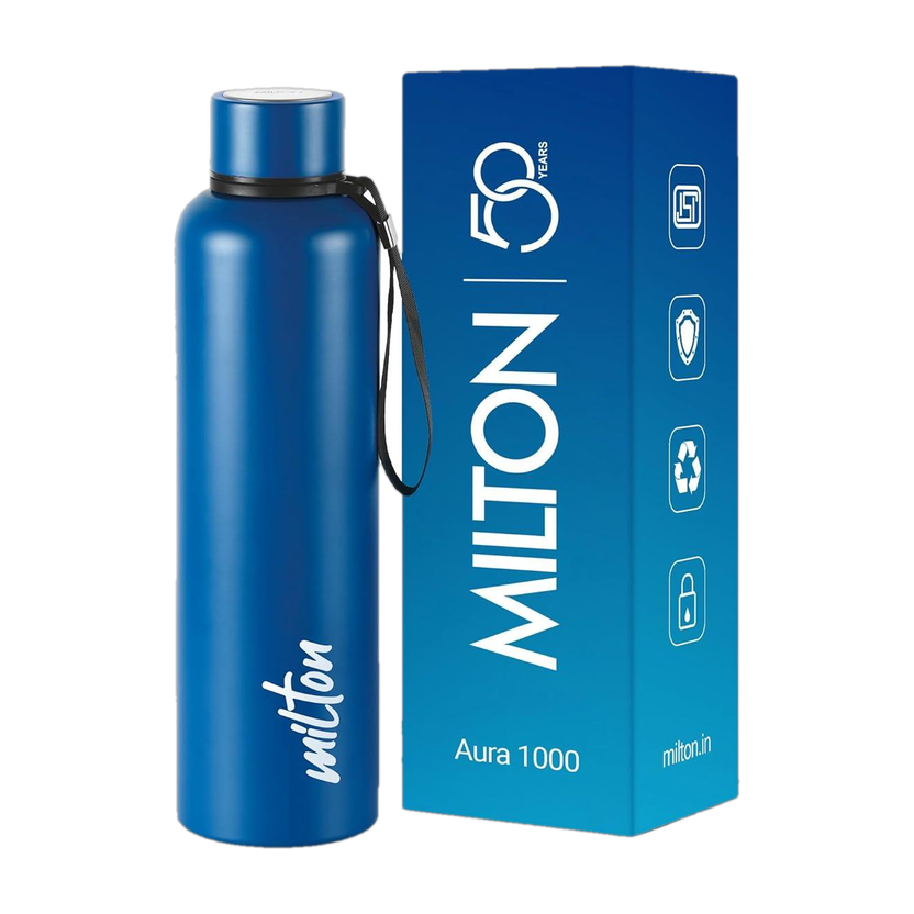 MILTON Aura 1000 Thermosteel Water Bottle, ISI Certified, 24 Hr Hot and Cold 1000 ml Stainless Steel Flask(Pack of 1, Blue)