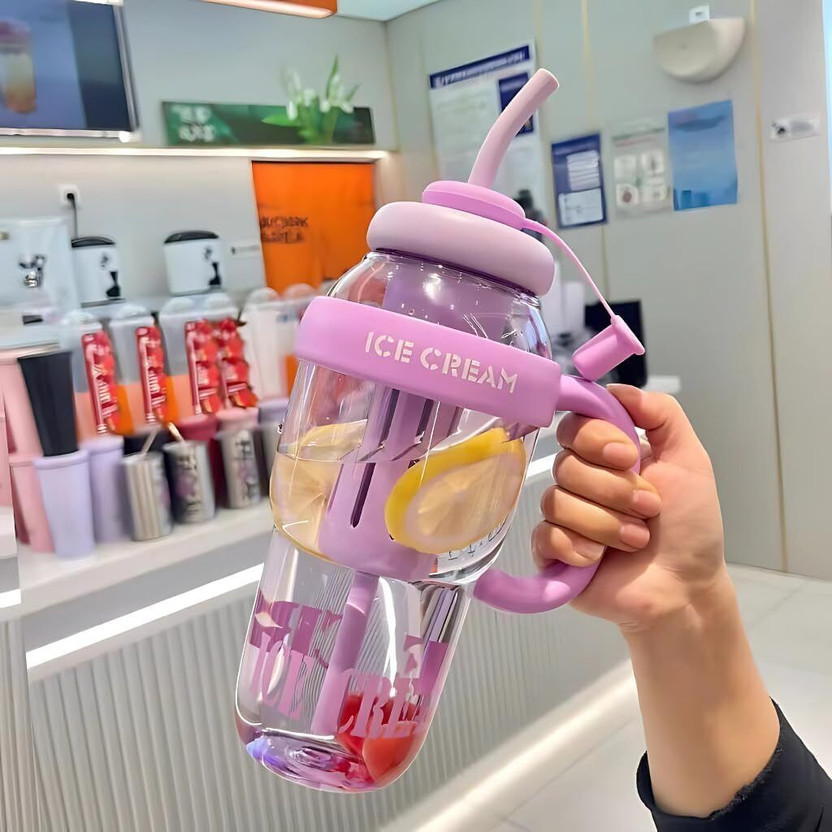 ved online mart Ice Cream Shaped Bottle Straw & Handle | Leak-Proof Tumbler Bottle 1000 ml Plastic Bottle(Pack of 1, Purple, Light Green, Pink, Light Brown, Multicolor)