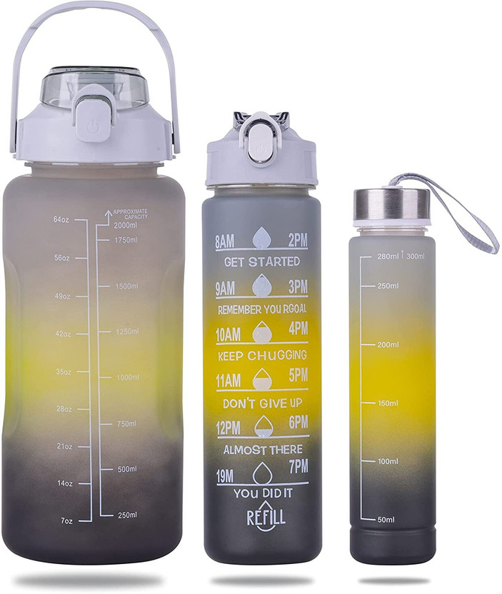 ECSTASY Trending Water Bottle with Motivational Time Marker, Leakproof Durable Non-Toxic 2000 ml Silicone Bottle(Pack of 3, Grey)