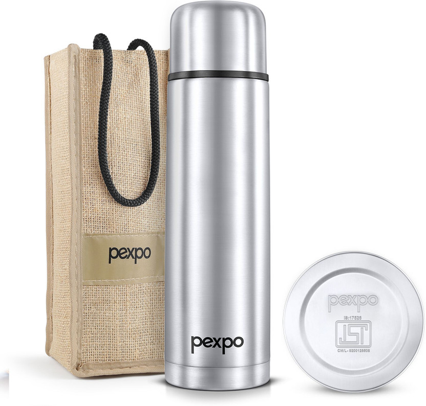 Go24 Stainless Steel Water Bottle 1 ltr ISI Certified Hot&Cold with Jute Bag Flamingo 1000 ml Steel Flask(Pack of 1, Silver)