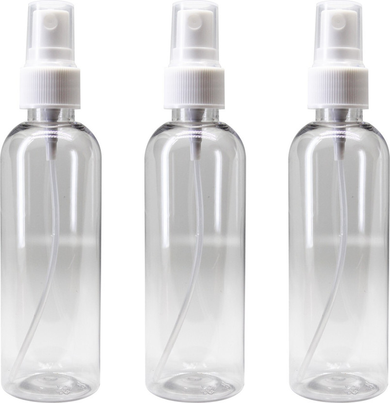 nsb herbals Transparent Plastic Empty Refillable Reusable Fine Mist Spray Bottle with Dust Cap 100 ml PET Spray Bottle(Pack of 3, Clear, White)