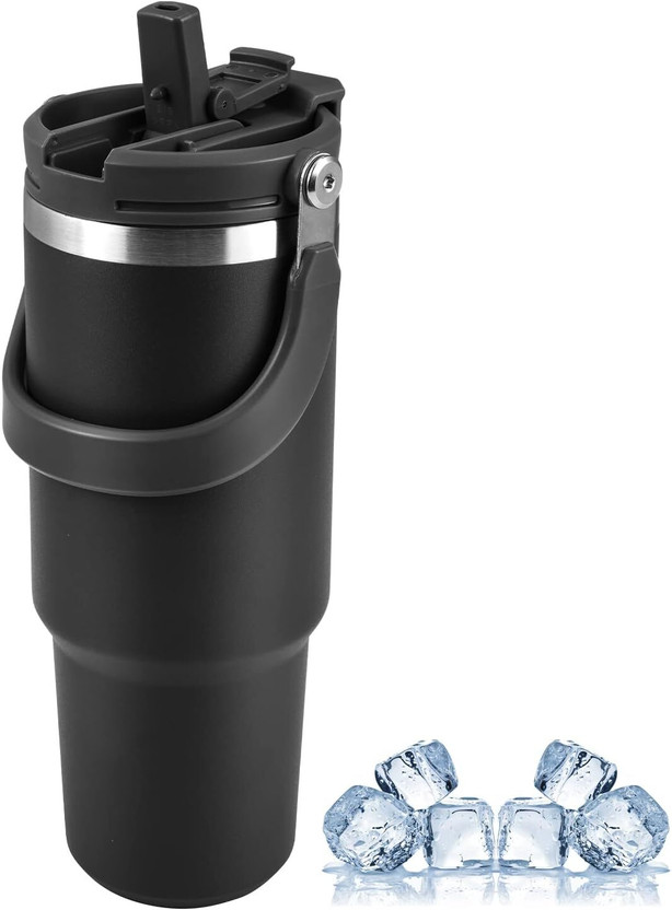 AANZIA Stainless Steel Tumbler Hot and Cold with Straw, Double Insulated Cup 900 ml Steel Bottle(Pack of 1, Black)