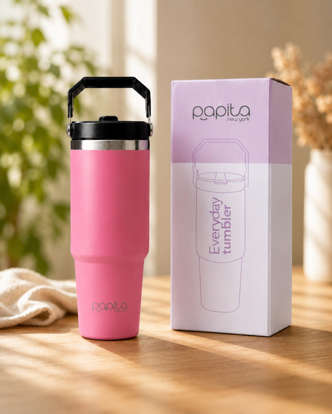 papita Stainless Steel Tumbler Hot and Cold with Straw, Double Insulated Cup 900 ml Steel Bottle(Pack of 1, Pink)