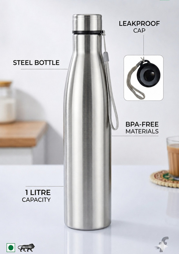 msdecore steel 1000 ml Steel Bottle(Pack of 1, Silver)