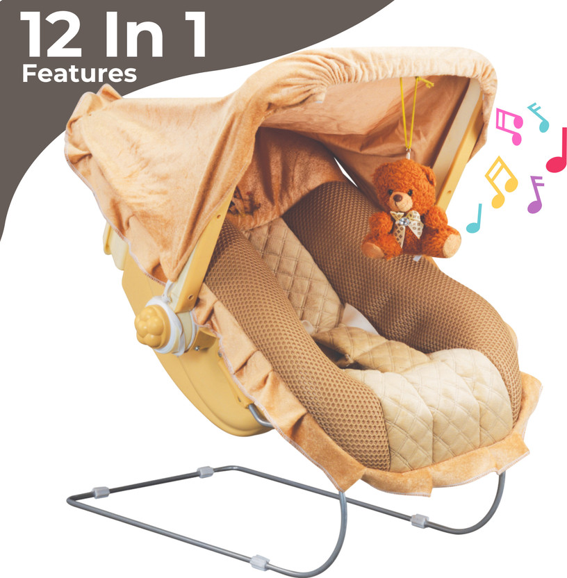 mama luv mee Premium Quality | Deluxe 12 in 1 Musical Carry Cot | Baby Rocker and Bouncer(Brown, White)