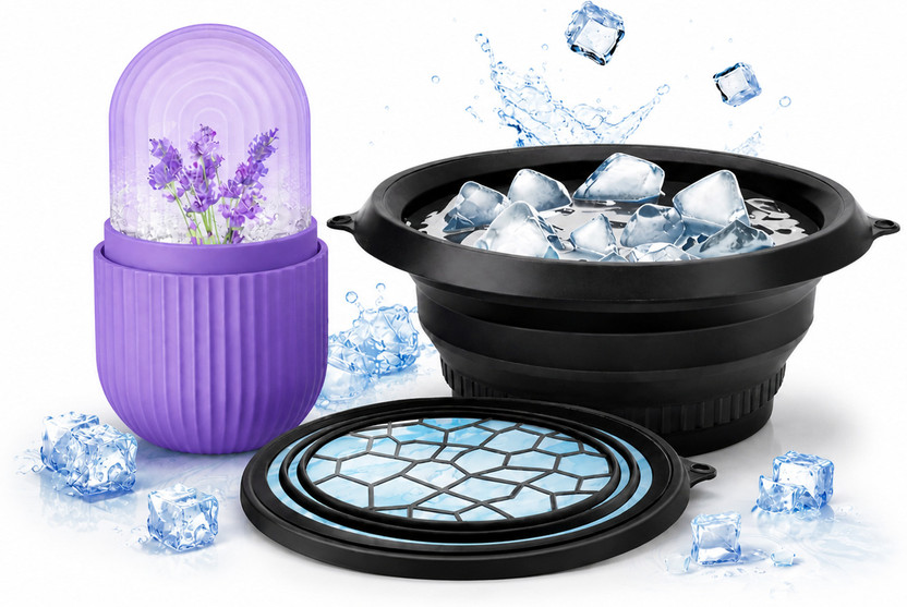 XIKARAMA Silicone Storage Bowl Portable Collapsible Ice Bucket with Lid & Ice Tray – Multipurpose Foldable(Pack of 2, Black, Purple)