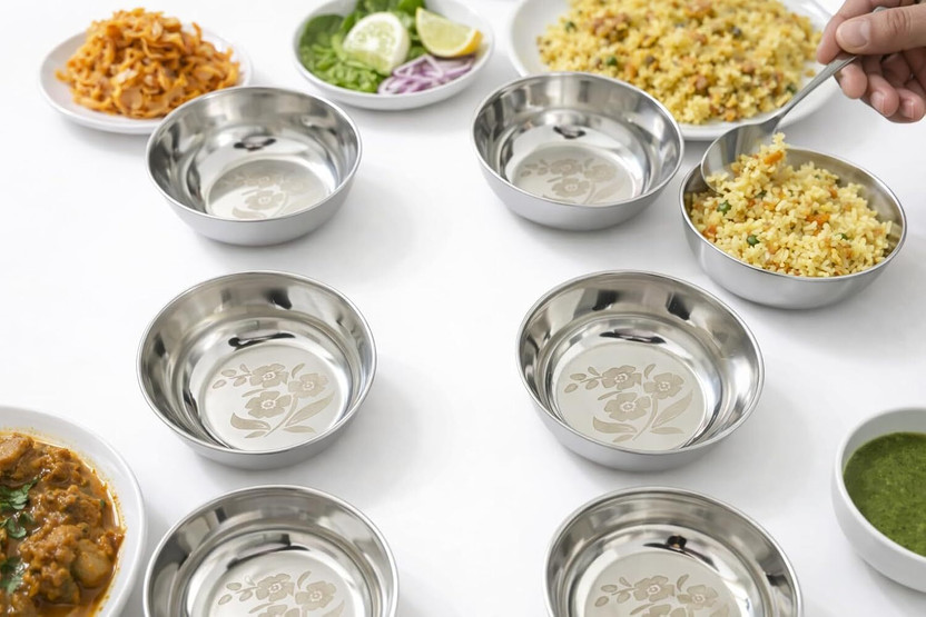 Duodeno Steel Serving Bowl Duodeno Stainless Steel Bowl, Floral Design(pack Of 6)(Pack of 6, Silver)