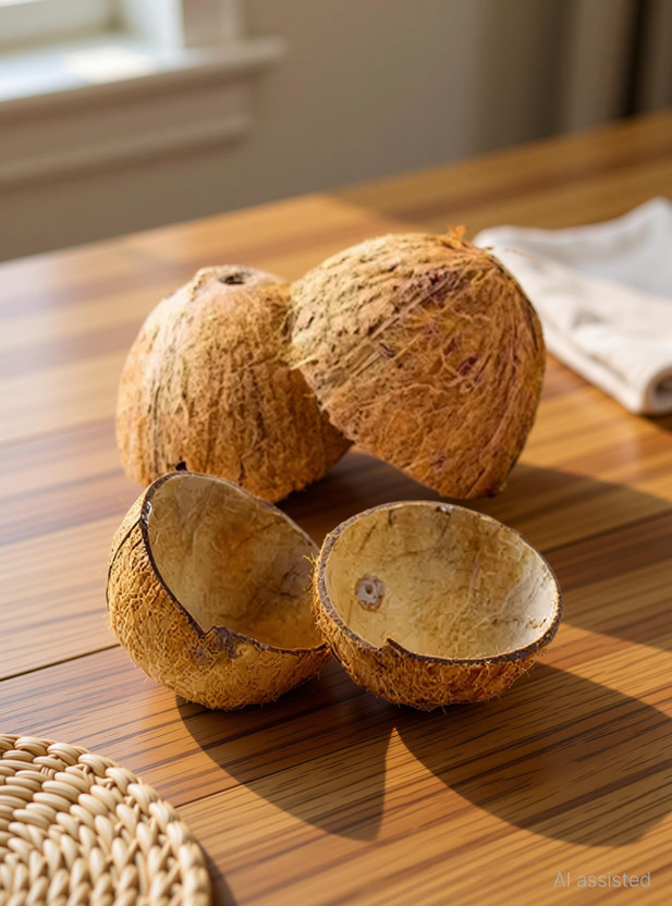 ZAILAND Wooden Decorative Bowl Natural Coconut Shell|Coconut Raw Shell|Home Decor and Crafts-UNPOLISHED Disposable(Pack of 4, Brown)