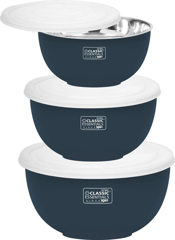 Classic Essentials Stainless Steel Storage Bowl Microwave Safe Mixing (500ml, 750ml,1250ml),(Pack of 3, Dark Blue, White)
