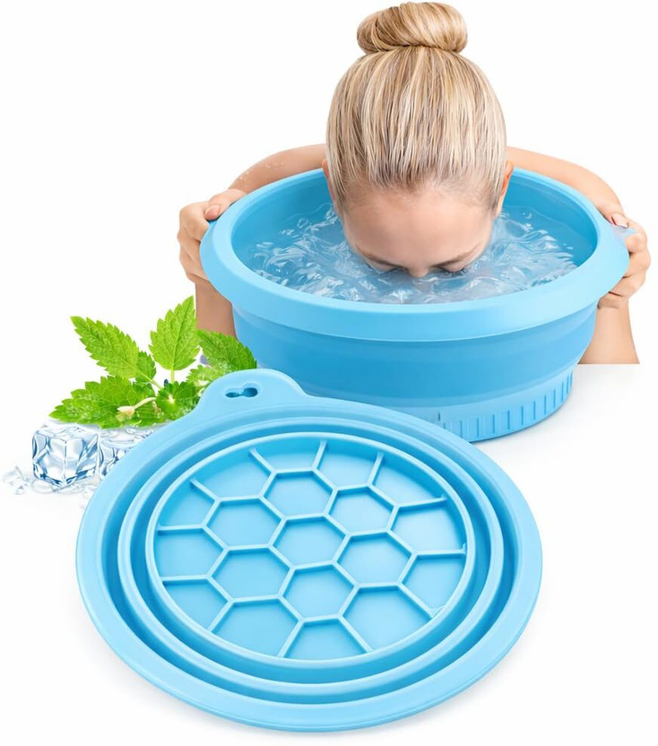 kinjal Silicone Massage Bowl Face Ice Bath Bowl Silicone | Collapsible Facial Ice Bowl with Built in Ice Tray Disposable(Pack of 1, Blue)