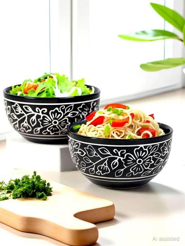 Amazecart Ceramic Serving Bowl Desire Black Perfect for Snacks Pasta, ,Noodles,Vegetables and More(Pack of 2, Black)