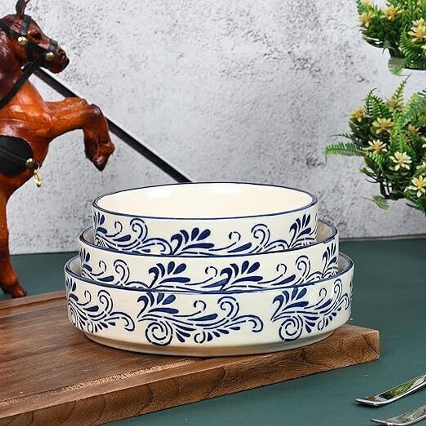 QIMACPLUS Ceramic Mixing Bowl Bowl Deep Dish Bowl Salad Plate Serving Snacks Tray (5.5 inch,6.5inch,7.5inch)(Pack of 3, Blue, White)