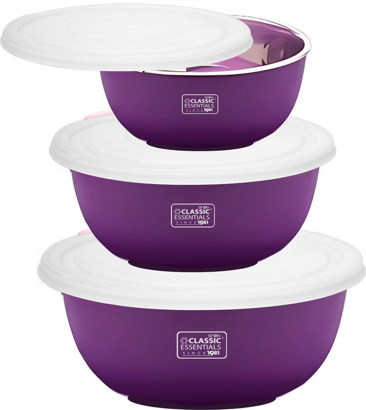 Classic Essentials Stainless Steel Storage Bowl Microwave Safe Mixing Bowl Set Of 3 Purple (500ml, 750ml,1250ml),(Pack of 3, Purple, White)