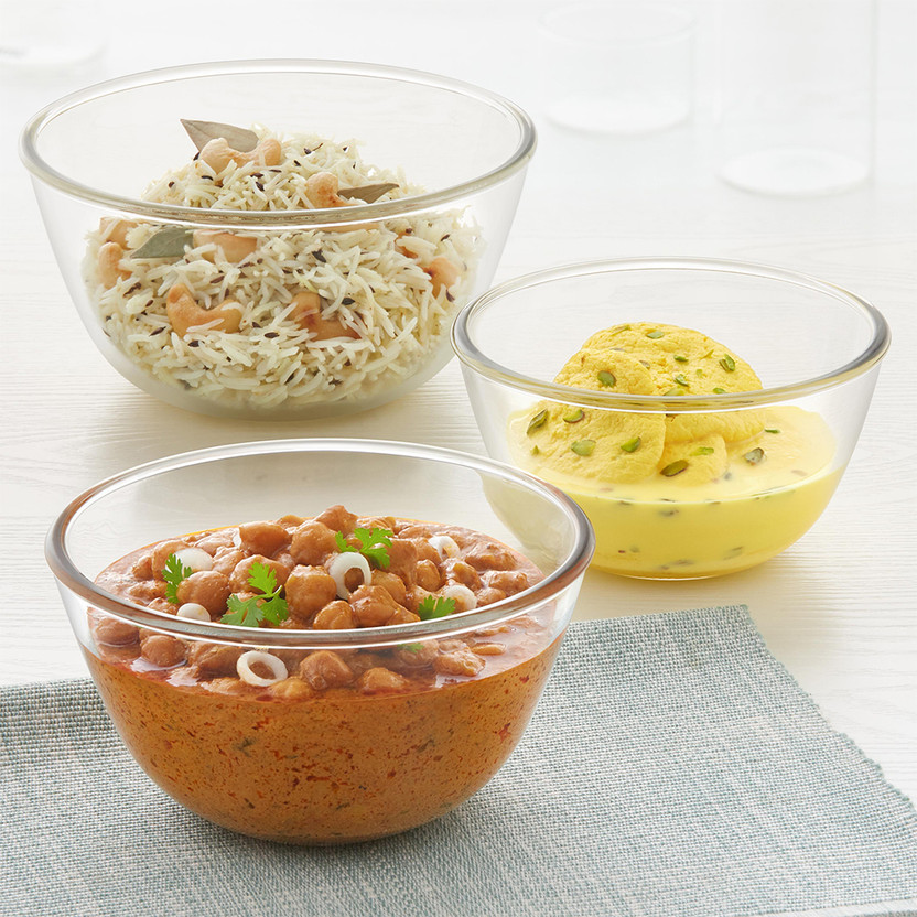 BOROSIL BOROSIL Borosilicate Glass Mixing Bowl 500ml, 900ml & 1.3L Round Mixing & Serving Bowl Set, Microwave & Dishwasher Safe(Pack of 3, Clear) - Flipkart Deal