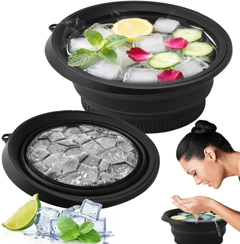 HM EVOTEK Silicone Massage Bowl Collapsible Silicone Ice Facial Bowl – Foldable, Built-in Tray for Skin Care(Pack of 1, Black)
