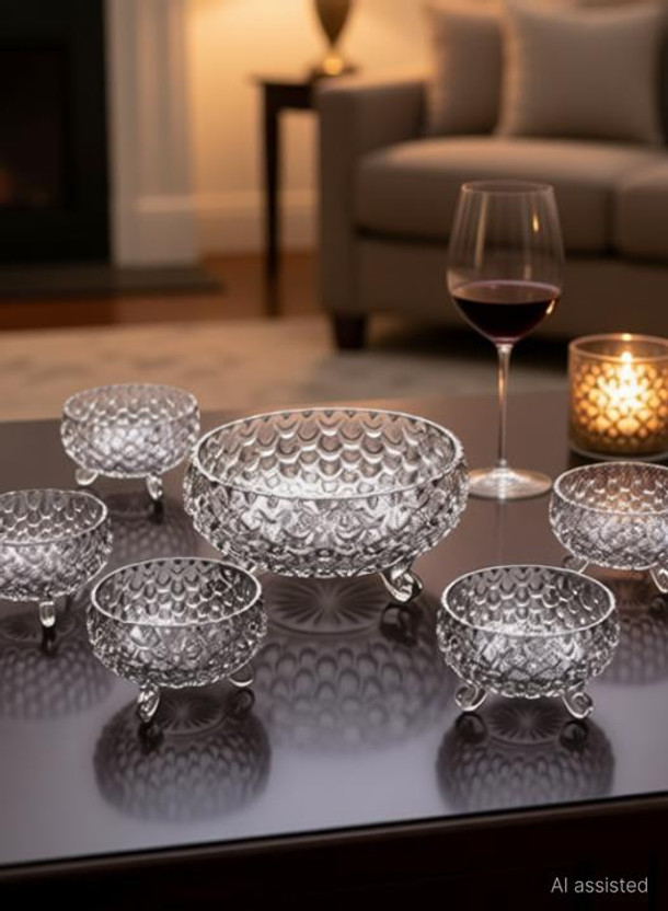 RIAVI ENTERPRISE Glass Serving Bowl Crystal Glass Bowl Set of 7 pcs with 1 Large Bowl & 6 Medium Bowls for Serving Snacks,Pudding,Dessert,Fruits and Other Kitchen Purpose Glass Disposable Dessert Bowl (Clear, Pack of 7)(Pack of 7, Clear)