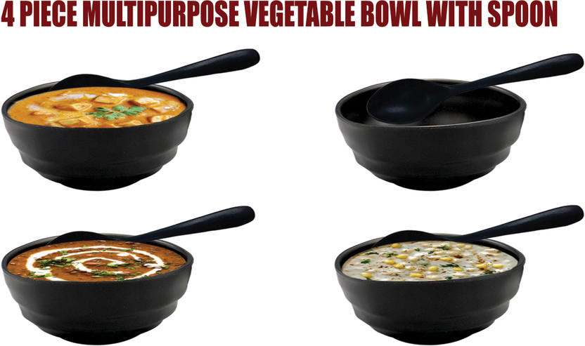 ZIDO Melamine Serving Bowl with Spoons for Snacks, Soup, Ice-Cream, Vegetables, Cereal, Maggi, Desert etc(Pack of 8, Black)
