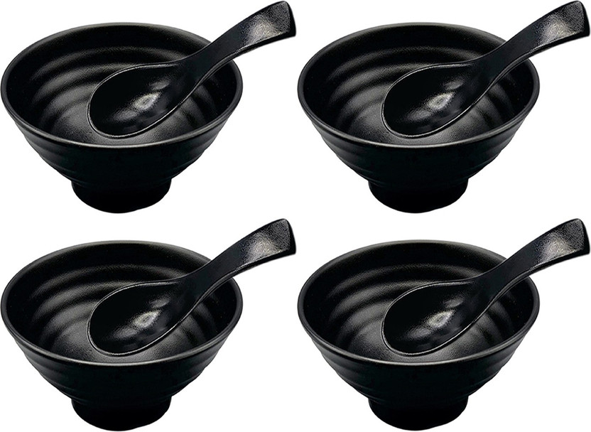 ZIDO Melamine Soup Bowl 4 Peice Soup Bowl with Spoon,Bowl For Namkeen,Fruits,Salad,Snacks,Desert(Pack of 8, Black)