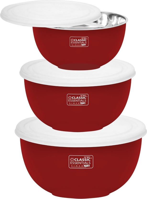 Classic Essentials Stainless Steel Storage Bowl Microwave Safe Bowl(Pack of 3, Red)