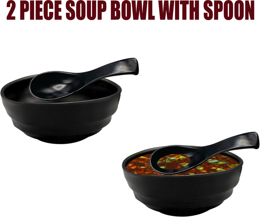 ZIDO Melamine Soup Bowl 2 Pcs. Soup Bowl with Spoon,Bowl for Namkeen,Vegetables,Salad,Snacks,Desert(Pack of 4, Black)