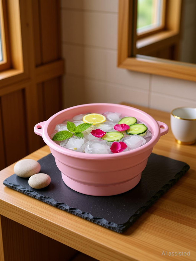 Mooues Silicone Massage Bowl Ice Bowl for Face Dip | Collapsible Silicone Ice Bath Bowl for Facial Therapy(Pack of 1, Pink)
