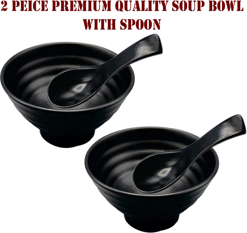 ZIDO Melamine Soup Bowl 2 Pcs. Soup Bowl with Spoon,Bowl For Namkeen,Fruits,Salad,Snacks,Desert(Pack of 2, Black)