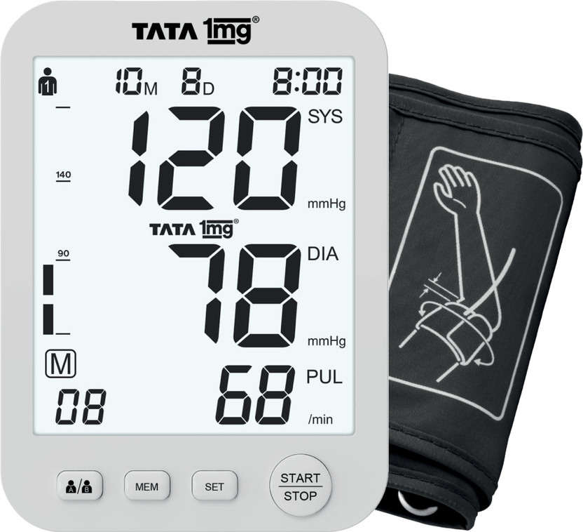 TATA 1mg T1MG/BP07 Wide Screen Blood Pressure Monitor | High Accuracy BP Machine with Large Display Bp Monitor(White)