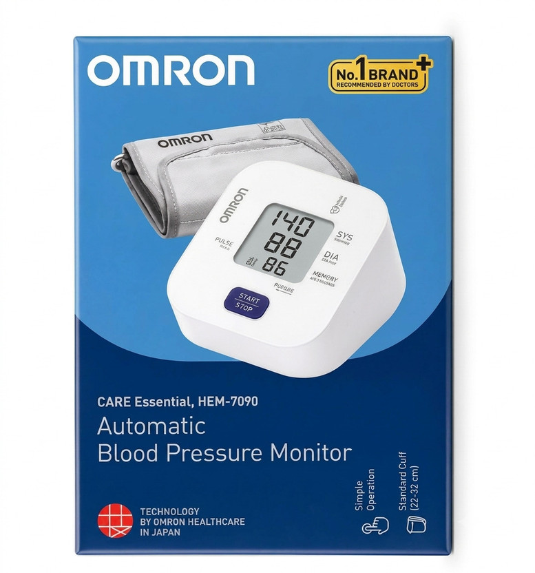 OMRON HEM-7090 Automatic Digital Blood Pressure Monitor with Upper Arm Cuff & Battery HEM 7090 with Body Movement Detection and Low Battery Indicator Bp Monitor(White & Grey)