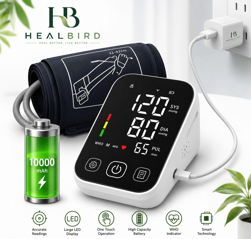 HEALBIRD [RECHARGEABLE] Fully Automatic Blood Pressure Monitor | Voice Assist, Big Display,Fast & Accurate Readings [No need to install batteries] Bp Monitor(Black)