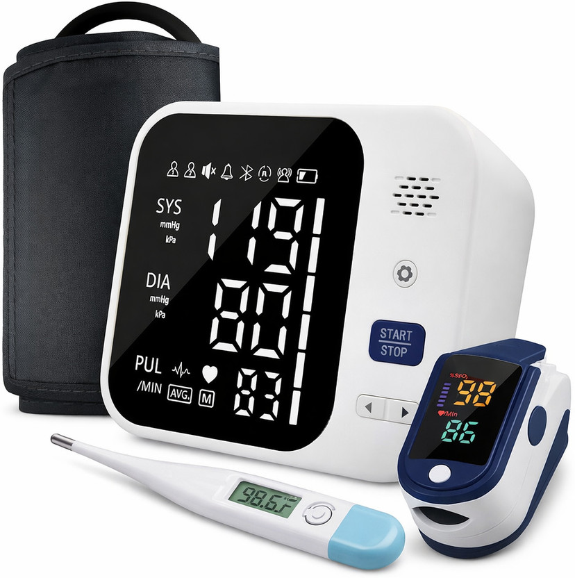 Balson BLSN-666 Rechargeable Arm Blood Pressure Monitor with Fully Automatic Function with Large Display, BLSN-45 Thermometer & BLSN-32 Digital Oximeter I Bp Monitor(White Black)