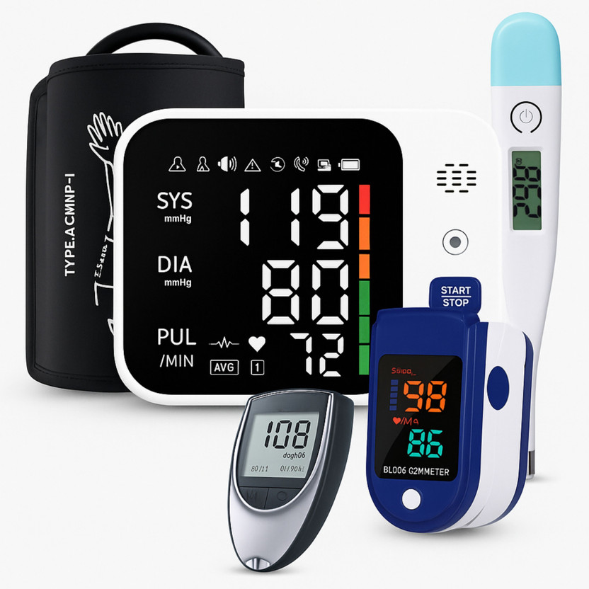 Balson Rechargeable BP Monitor with Talking Intelligence, Glucometer for testing Blood Sugar, Pulse Oximeter with Oxygen Saturation Monitor & Digital Thermometer I Bp Monitor(White)