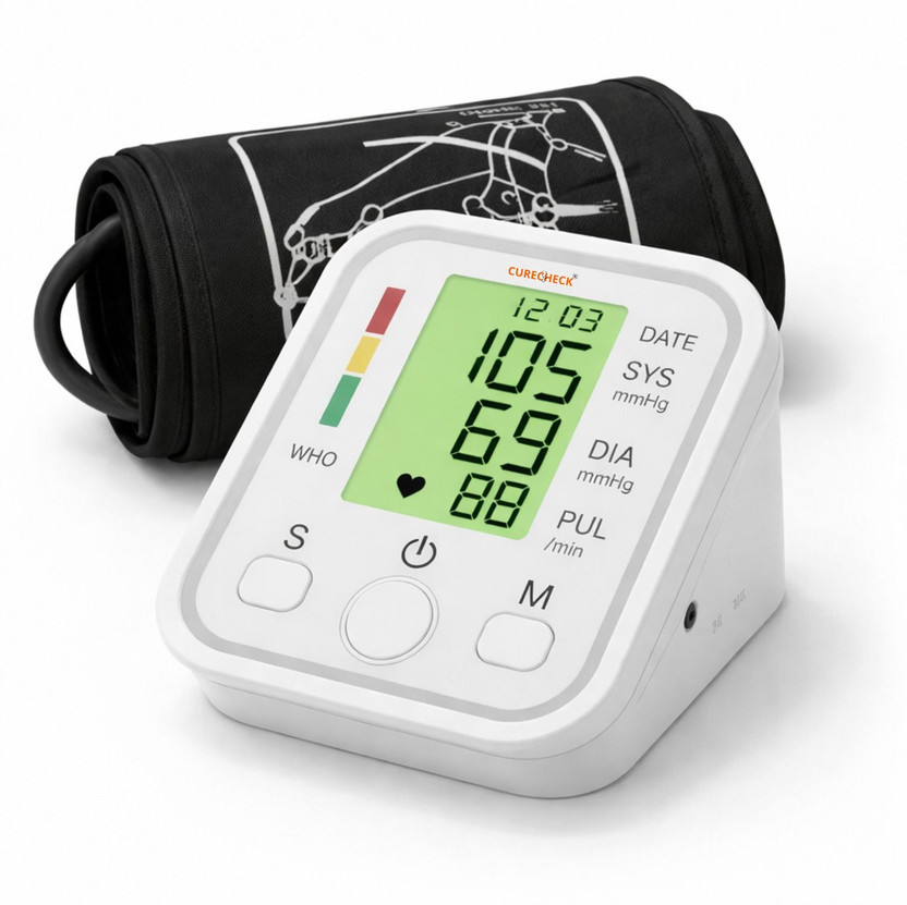 curecheck Automatic Blood Pressure Machine without Battery with Cuff kit Bp Monitor(White, Black)