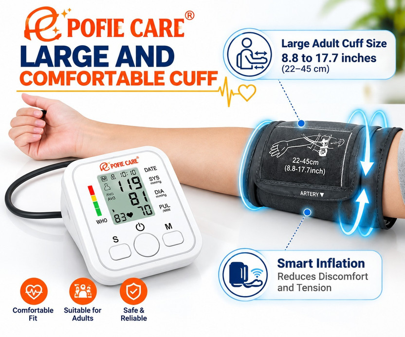 POFIE CARE BP Device Smart LCD Display Blood Pressure Monitor Device USB Charging Blood Pressure Machine Fast Result Bp Monitor(White)