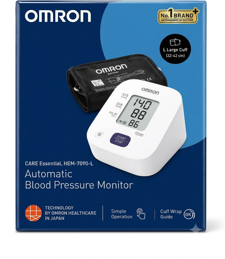 OMRON HEM 7090-L Automatic Blood Pressure Monitor | Large Arm Cuff & Movement Alert 7090-L Movement Alert for Accurate Readings Bp Monitor(White & Black)