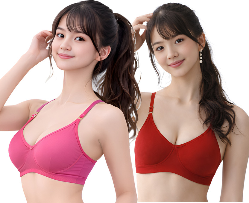 STOGBULL Women & Girls Bra Non Padded Full Coverage Daily Wear Bra Combo Pack of 2 Women T-Shirt Non Padded Bra(Pink, Red)